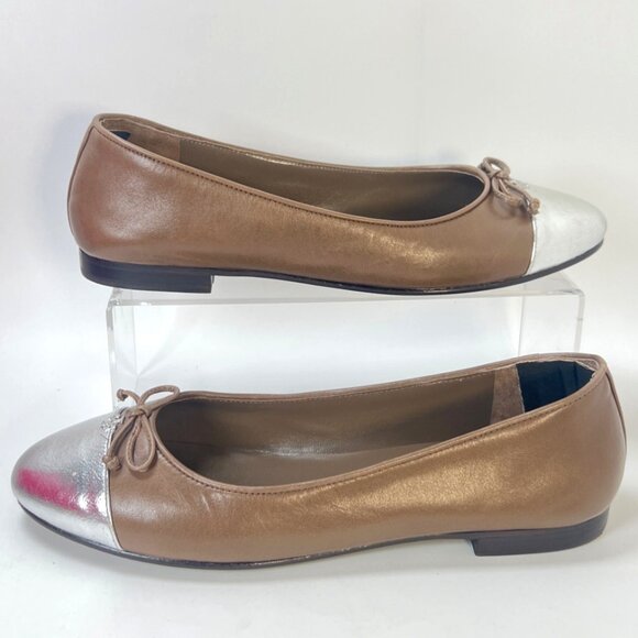 Tory Burch Cap Toe Ballet Flats Brown Silver Metallic Women Size 8 - Picture 2 of 8